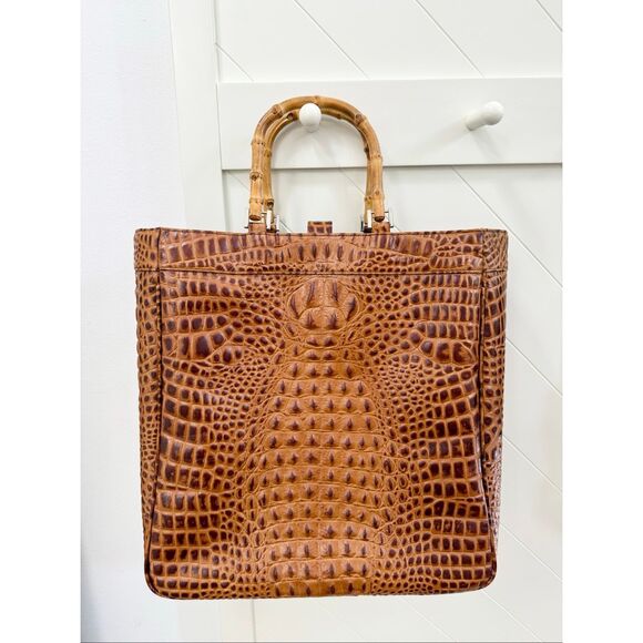Eric Brand Handbags - Eric Brand Brown Alligator Embossed Large Travel Tote Work Bag Bamboo Handle